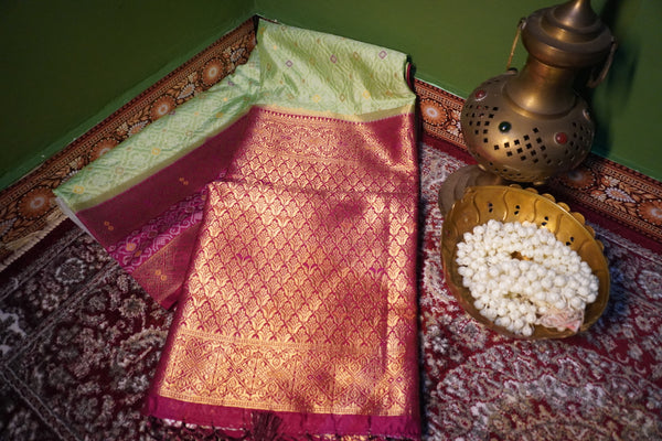 Ikat Saree – Pista Green with Bright Pink Border