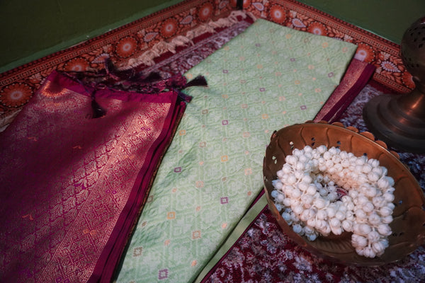 Ikat Saree – Pista Green with Bright Pink Border