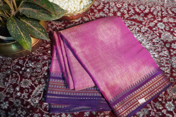 Pink with Royal Blue Tissue Saree with Temple Border