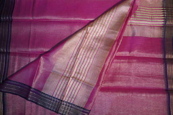 Pink with Royal Blue Tissue Saree with Temple Border