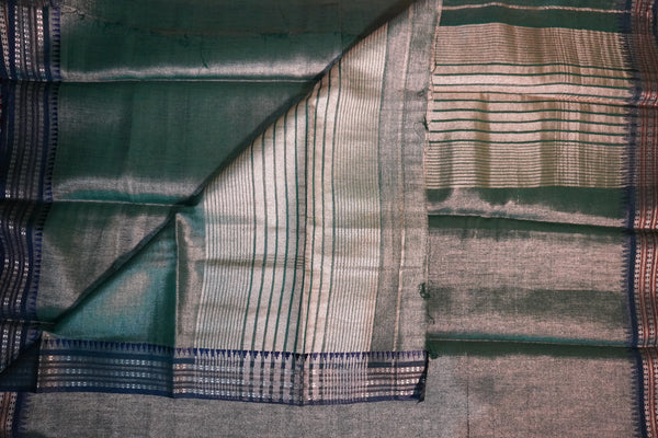 Tissue Saree with Temple Border – Olive Green with Royal Blue