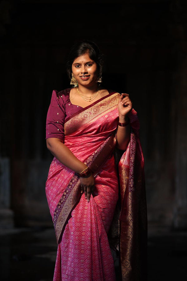 Ikat Saree – Pink with Wine Border