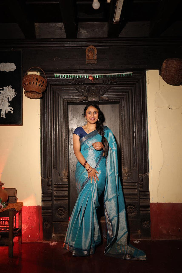 Tissue Saree with Temple Border – Light Blue with Royal Blue