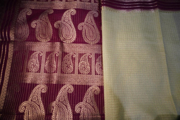 Premium Crepe Silk Saree with Contrast Border – Light Green with Wine