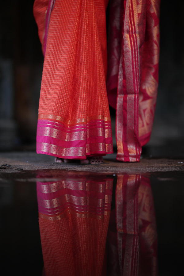 Premium Crepe Silk Saree with Contrast Border – Orange with Pink