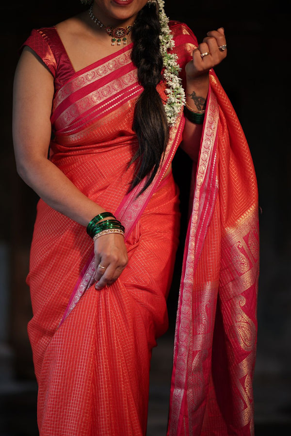 Premium Crepe Silk Saree with Contrast Border – Orange with Pink