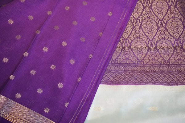 Premium Crepe Silk Saree with Contrast Blouse – Light Blue with Violet