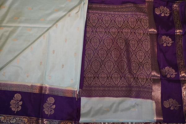 Premium Crepe Silk Saree with Contrast Blouse – Light Blue with Violet