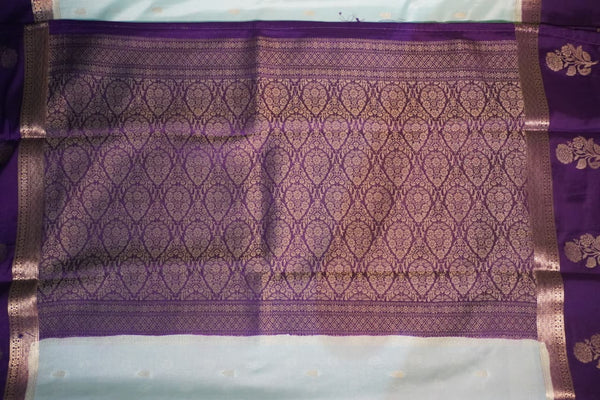 Premium Crepe Silk Saree with Contrast Blouse – Light Blue with Violet