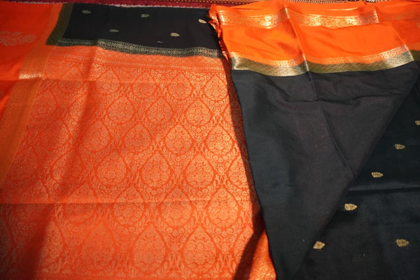 Premium Crepe Silk Saree with Contrast Blouse – Black with Orange