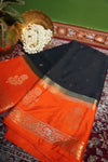Premium Crepe Silk Saree with Contrast Blouse – Black with Orange