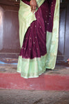 Premium Crepe Silk Saree with Contrast Blouse – Maroon with Pista Green
