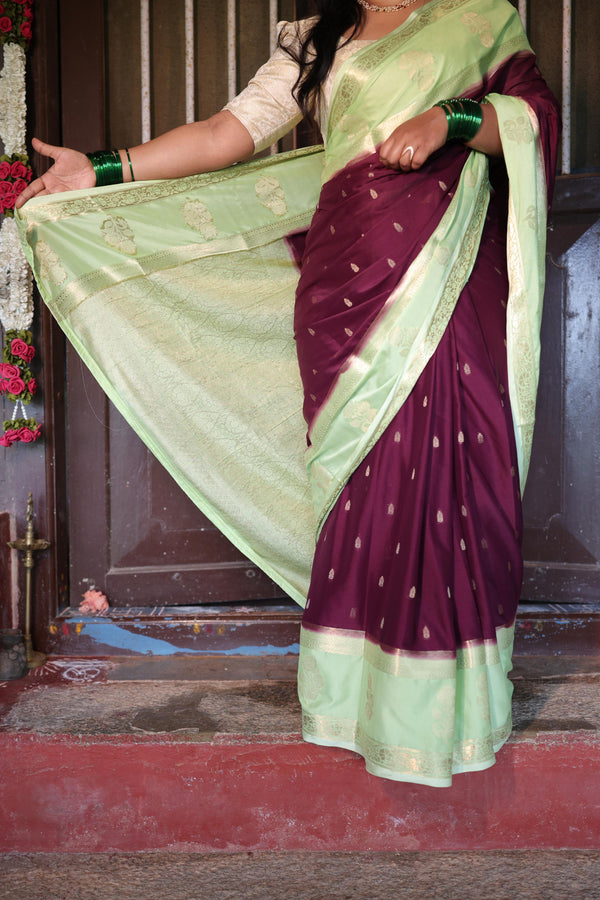 Premium Crepe Silk Saree with Contrast Blouse – Maroon with Pista Green