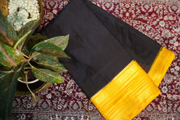 Premium Black Crepe Saree with Yellow Border