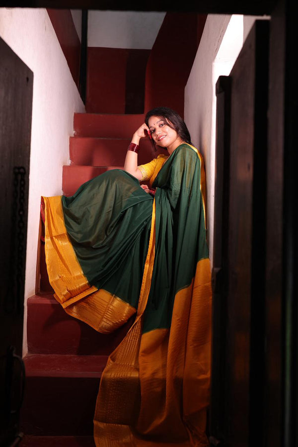 Premium Green Crepe Saree with Yellow Border