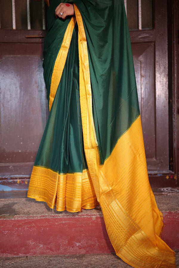 Premium Green Crepe Saree with Yellow Border