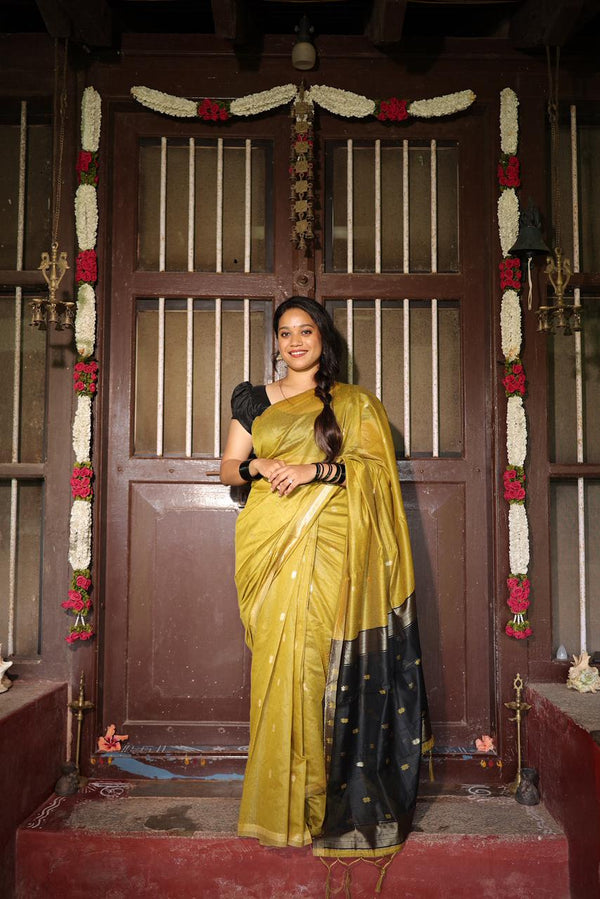 Premium Maheshwari Silk Saree – Mustard Yellow with Black Pallu