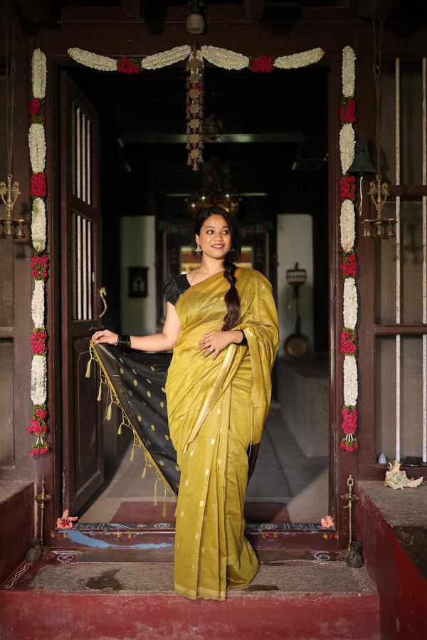 Premium Maheshwari Silk Saree – Mustard Yellow with Black Pallu