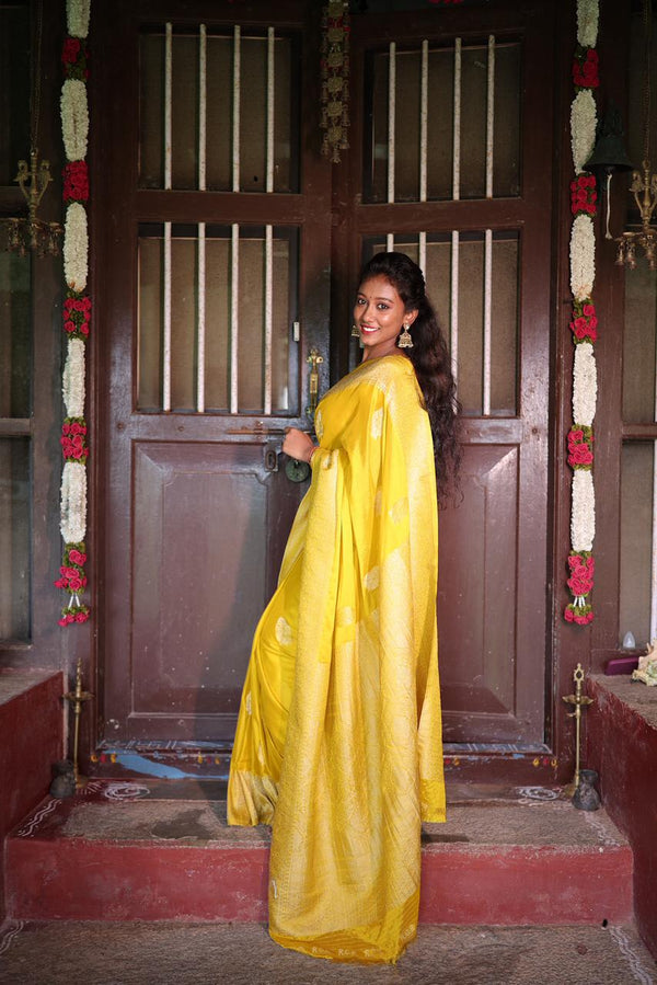 Premium Georgette Saree – Golden Yellow Self Saree with Butta Motifs