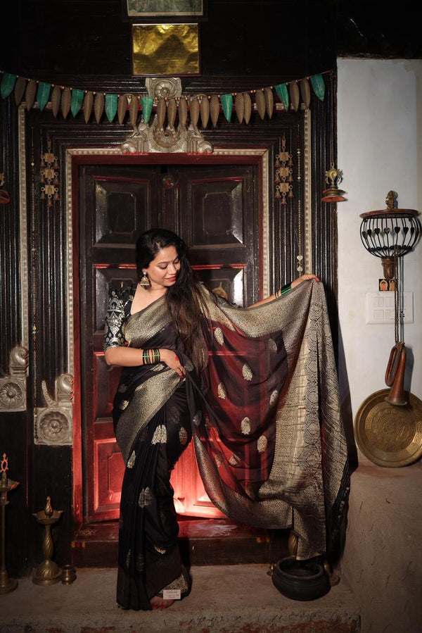 Premium Georgette Saree – Black Self Saree with Butta Motifs