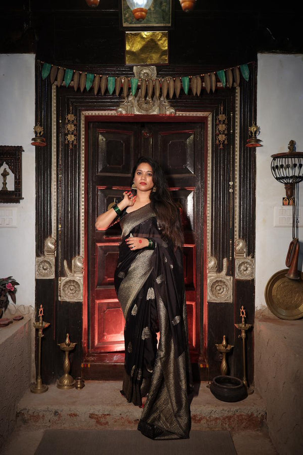 Premium Georgette Saree – Black Self Saree with Butta Motifs
