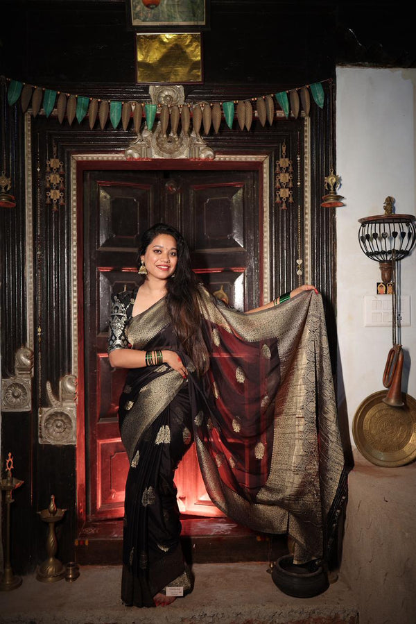 Premium Georgette Saree – Black Self Saree with Butta Motifs