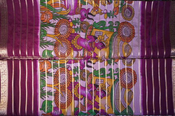 Premium Crepe Silk Saree – Lavender with Purple Digital Kalamkari 3D Print