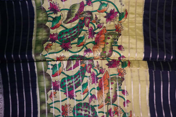 Premium Crepe Silk Saree – Yellow with Black Digital Kalamkari 3D Print