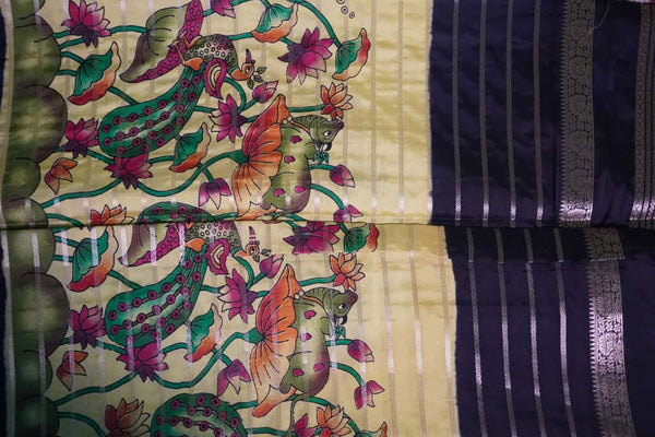 Premium Crepe Silk Saree – Yellow with Black Digital Kalamkari 3D Print