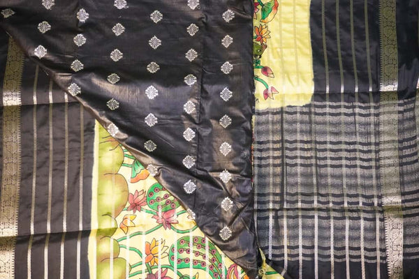 Premium Crepe Silk Saree – Yellow with Black Digital Kalamkari 3D Print