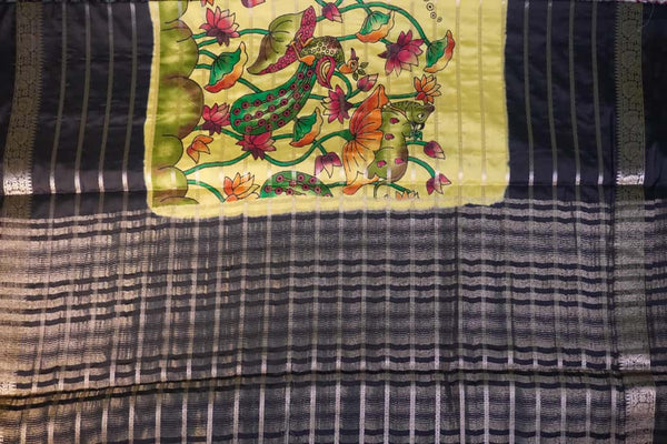 Premium Crepe Silk Saree – Yellow with Black Digital Kalamkari 3D Print