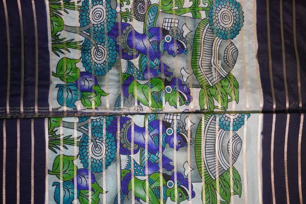 Premium Crepe Silk Saree – Light Blue with Dark Blue Digital Kalamkari 3D Print