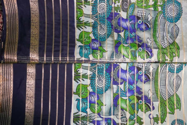 Premium Crepe Silk Saree – Light Blue with Dark Blue Digital Kalamkari 3D Print