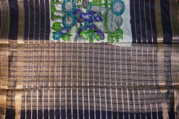 Premium Crepe Silk Saree – Light Blue with Dark Blue Digital Kalamkari 3D Print