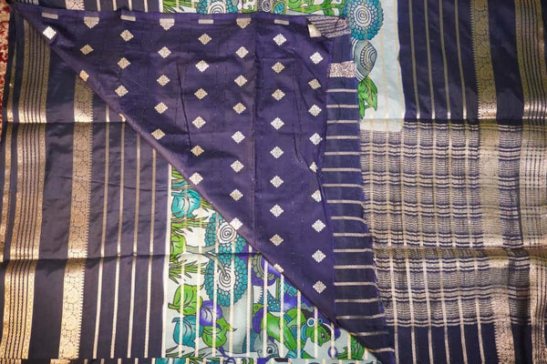 Premium Crepe Silk Saree – Light Blue with Dark Blue Digital Kalamkari 3D Print