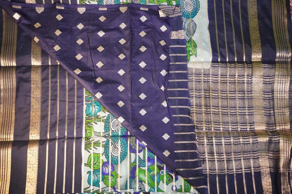 Premium Crepe Silk Saree – Light Blue with Dark Blue Digital Kalamkari 3D Print