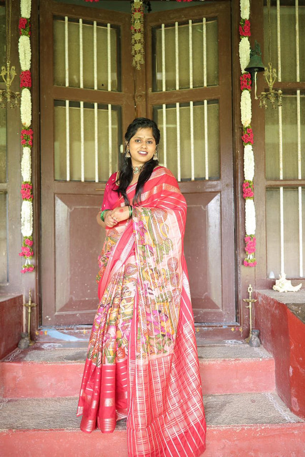 Premium Crepe Silk Saree – Peach with Red Digital Kalamkari 3D Print