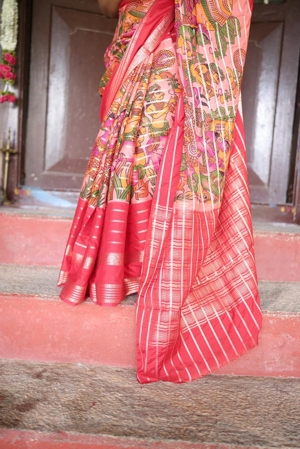 Premium Crepe Silk Saree – Peach with Red Digital Kalamkari 3D Print
