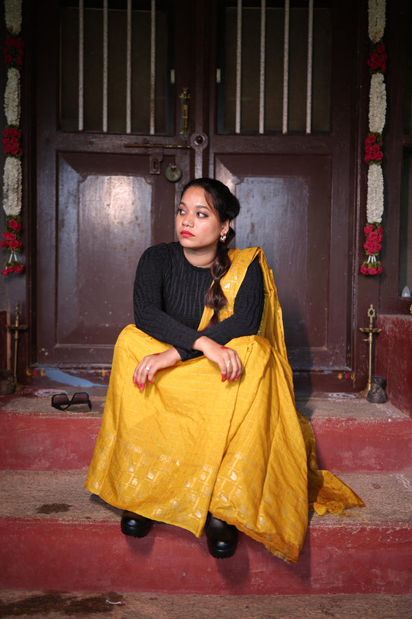 Premium Viscose Silk Saree – Golden Yellow Self Saree with Big Checks