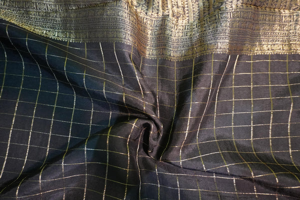 Premium Viscose Semi Silk Saree – Black Self Saree with Big Checks