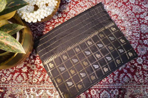 Premium Viscose Semi Silk Saree – Black Self Saree with Big Checks