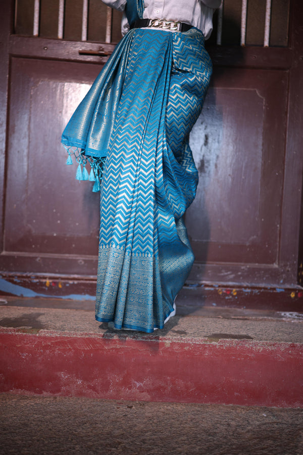 Premium Banarasi Saree – Teal Blue Self Saree with Gold Zari Weaving