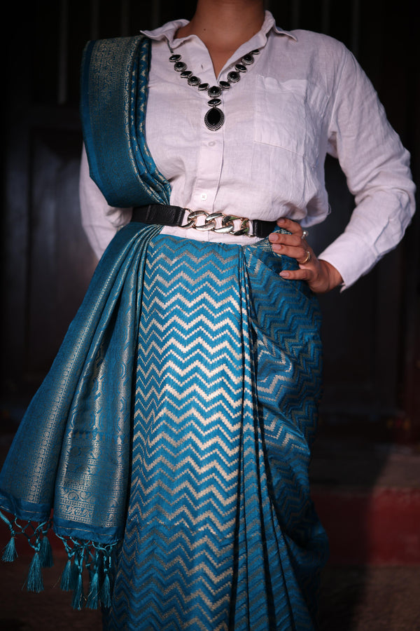 Premium Banarasi Saree – Teal Blue Self Saree with Gold Zari Weaving