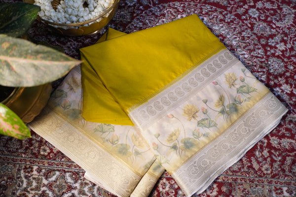 Premium Crepe Silk Saree – Mustard Yellow Saree with White Floral Contrast Border