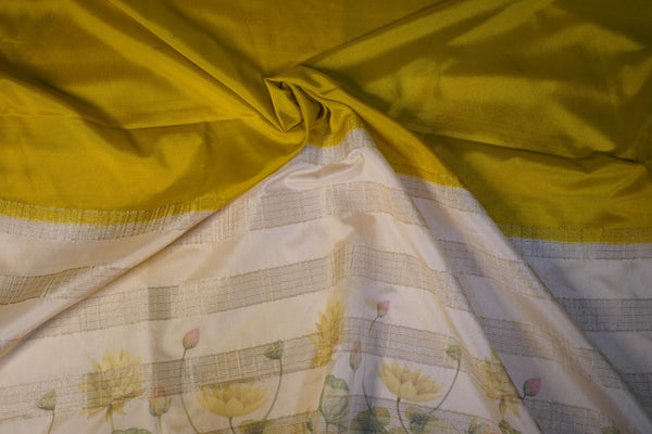Premium Crepe Silk Saree – Mustard Yellow Saree with White Floral Contrast Border