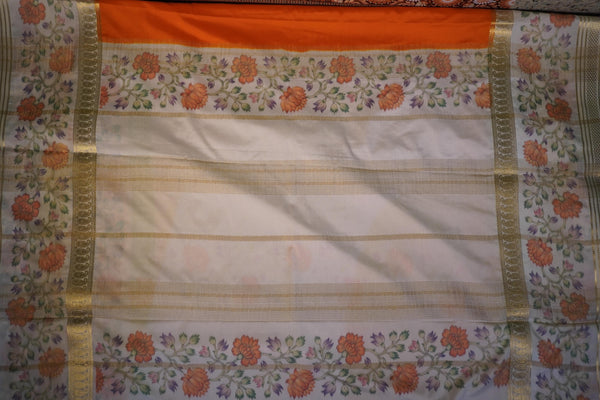 Premium Crepe Silk Saree – Orange Saree with White Floral Contrast Border