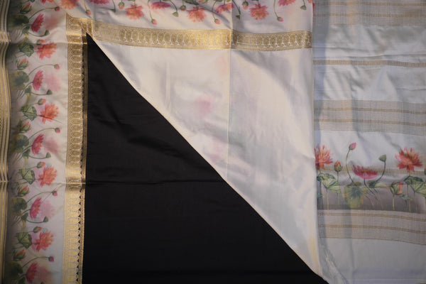 Premium Crepe Silk Saree – Black Saree with White Floral Contrast Border
