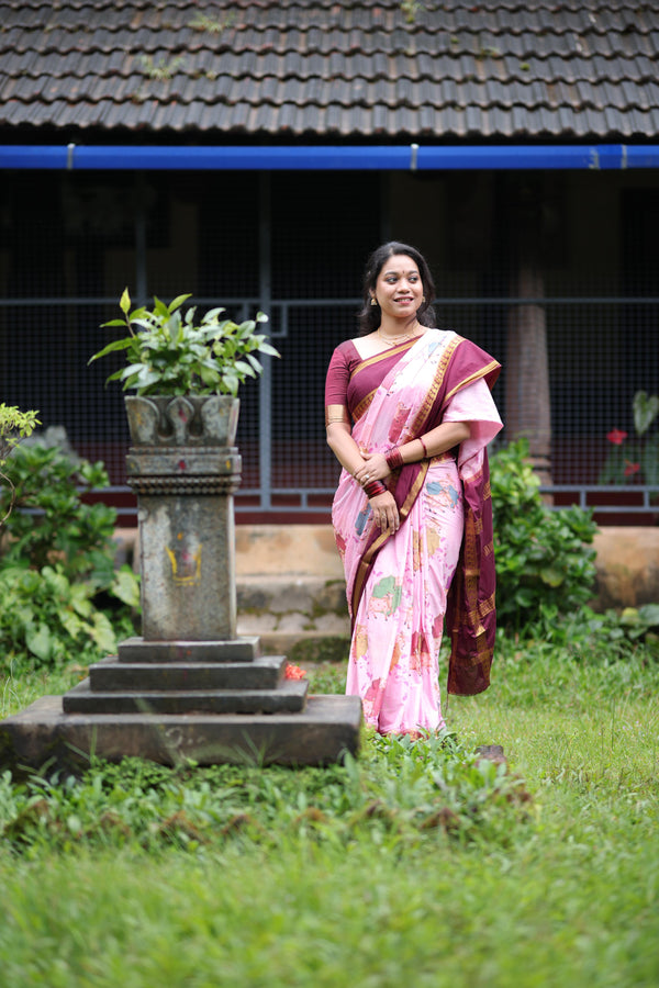 Premium Crepe Silk Saree – Pink Saree with Pichwai Digital Print and Maroon Contrast Border