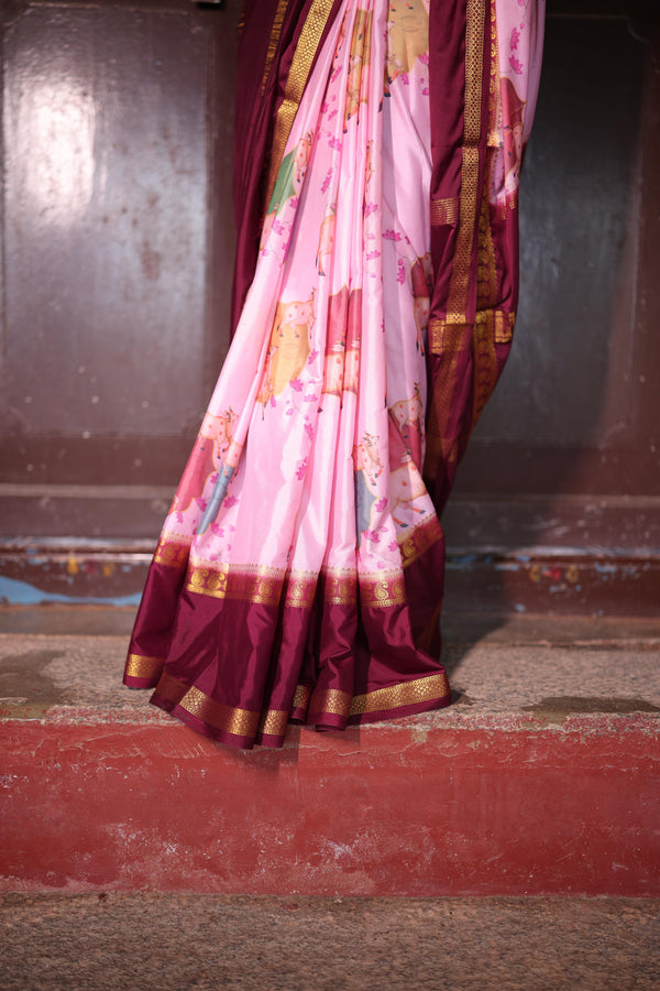 Premium Crepe Silk Saree – Pink Saree with Pichwai Digital Print and Maroon Contrast Border