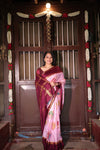 Premium Crepe Silk Saree – Pink Saree with Pichwai Digital Print and Maroon Contrast Border